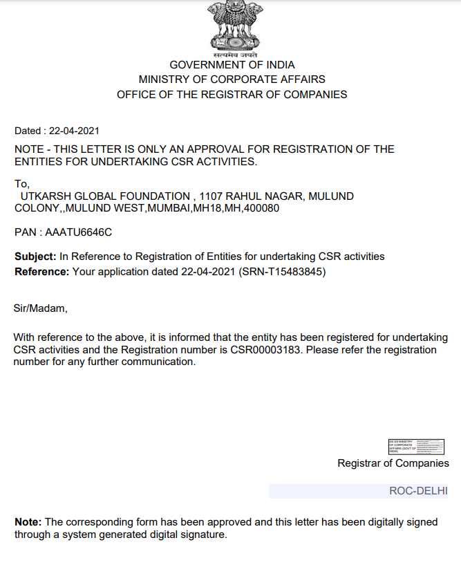 MCA Approval for CSR - Utkarsh Global Foundation